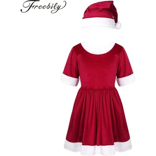 Kids Christmas Holiday Costume Faux Fur Trim Short Sleeves Velvet Swing Dress with Santa Hat Set Girls Stage Performance Outfit
