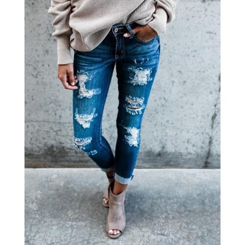 European American Women Denim Pants New Style Pierced Slim Fit Pants Jeans Women