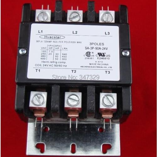Hvacstar SA-3P-90A-24V Definite Purpose Contactor 3Poles 90FLA 24V AC Coil , DP Contactor, Air Conditioner Contactor