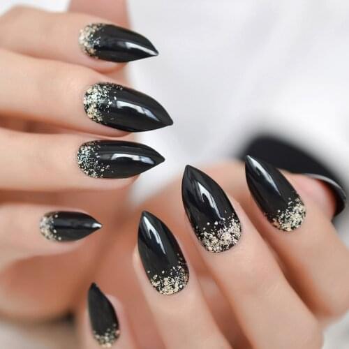 Classic Black French False Nails Stiletto Easy to Wear Bling Glitter Sharp Design 24pcs Press On DIY Bling UV Nails