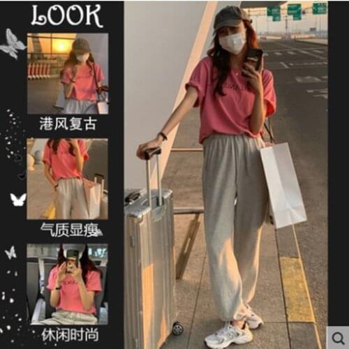 Cotton-containing Summer New Simple Letter Short-sleeved T-shirt Female + Korean Loose Gray Pants Sports Suit Two-piece Female