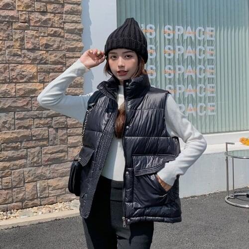 Sleeveless Jacket Womens Solid Stand Collar Pockets Ladies Winter Vest Black Casual Padded Thick Waistcoat for Female 2021