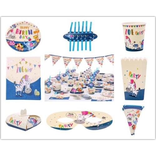 Cartoon animal Theme Kids Birthday Party Decoration Set Party Supplies Cup Plate Banner Hat Small cake box Folding candy box