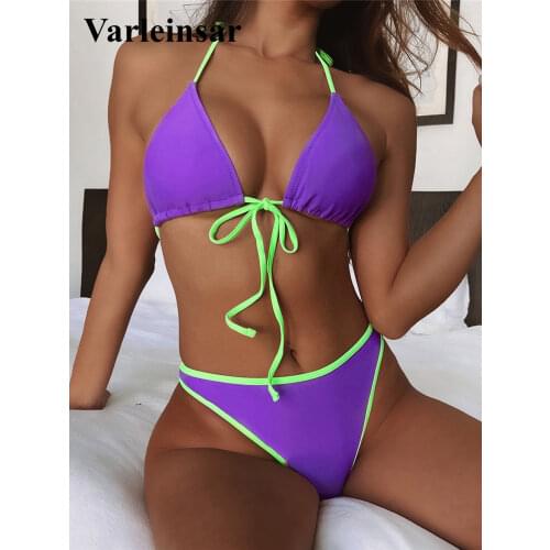 New Sexy Halter Mid Waist Bikini Women Swimwear Female Swimsuit Two-pieces Bikini set Splicing Bather Bathing Suit Swim V3140