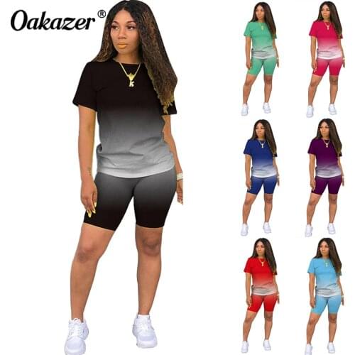 Oakazer Tracksuit Womens Summer Gradient Two Piece Set Short-Sleeved O-Neck T-Shirt+Shorts Sportwear Jogging Outfits Clothing