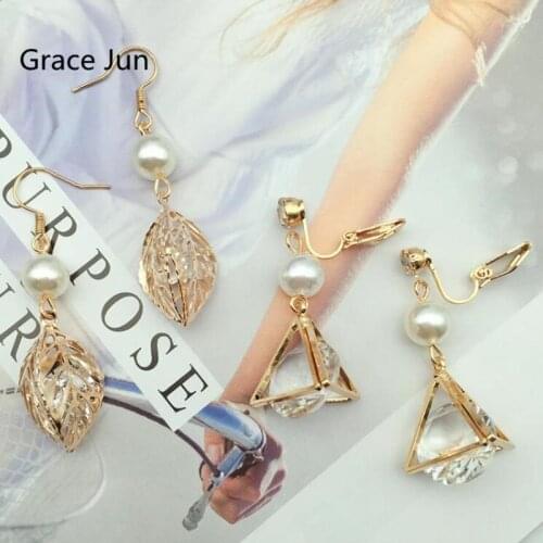 Grace Jun Gold-color Simulated Pearl Leaf Triangle Big Crystal Clip on Earings for Women Fashion Drop Pierced Earrings Bijouteri