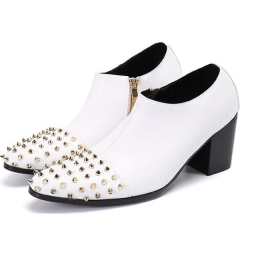 Autumn Winter Mens High Heels Dress Business Boots Men Rivets Genuine Leather Wedding Formal Fashion White Stage Rock Shoes