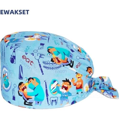 New Unisex Scrubs Caps Adjustable Cotton Tooth Printing Hats High Quality Sweat-absorbent Elastic Surgicals Hats Calot Dentiste