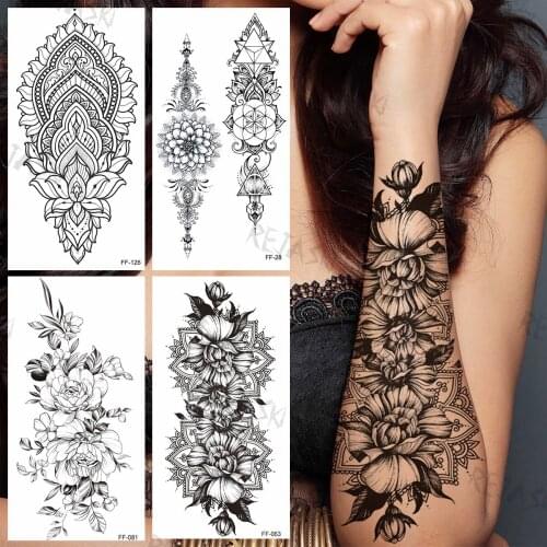 Large Black Mandala Temporary Tattoos For Women Girls Realistic Flora Pendant Henna Fake Tattoo Sticker Arm Body Tatoos