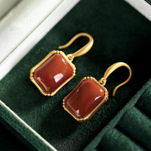 Simple Retro Earrings Womens S925 Sterling Silver Geometry Rectangle Southern Red Agate Earrings Light Luxury Expensive Gold Ea