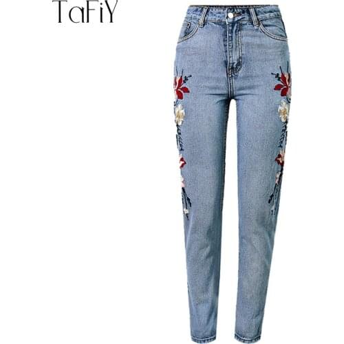 TaFiY Jeans With 3D Flowers Rembroidery Ankle-Length Pants High Waist Ripped Jeans For Women Vintage Summer Skinny Jeans Femme