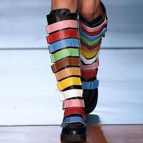 Genuine Leather Colorful Strap Buckle Women Boots Knee High Thick Rubber Sole Round Toe Ladies Runway Boots Shoes Plus Size