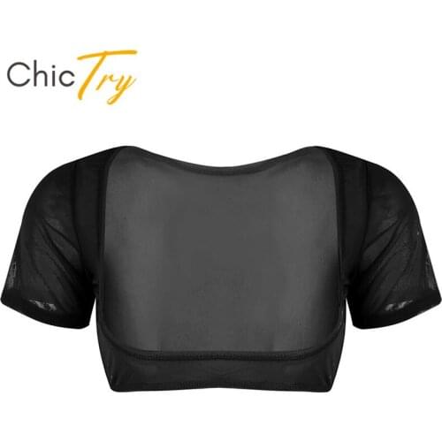 ChicTry Women Soft Sheer Mesh See Through Belly Dance Costume Open Bust Short Sleeve Dance Cover-up Crop Top Adult Dance Wear