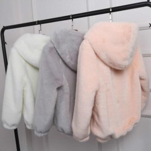 Winter Women Faux Rabbit Fur Bomber Coat Warm Fur Hooded Zipper Flocking Cardigan Cotton Lined Fluffy Parka Lantern Sleeved Tops