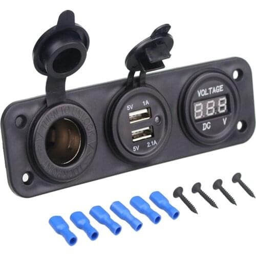 New Motorcycle Car Charger Plug Dual USB Adaptor+12V/24V Cigarette Lighter Socket Blue LED +Digital Voltmeter Mobile Phone