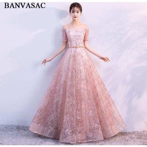 BANVASAC 2018 Sweetheart Sequined A Line Long Evening Dresses Crystal Sash Party Lace Short Cap Sleeve Prom Gowns