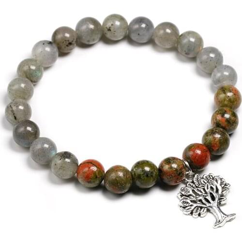 8mm Natural Unakite and with Labradorite Beads Bracelet For Women Men Tree Charm Healing Balance Summer Jewelry Gift