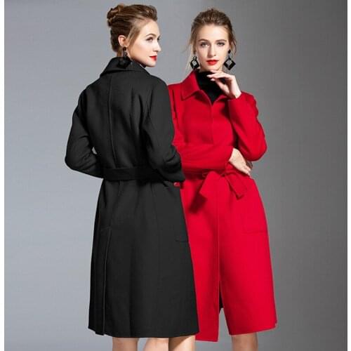 Long woolen blends cashmere coats for women 2019 autumn winter ladies jackets plus size overcoat black red belt thickened