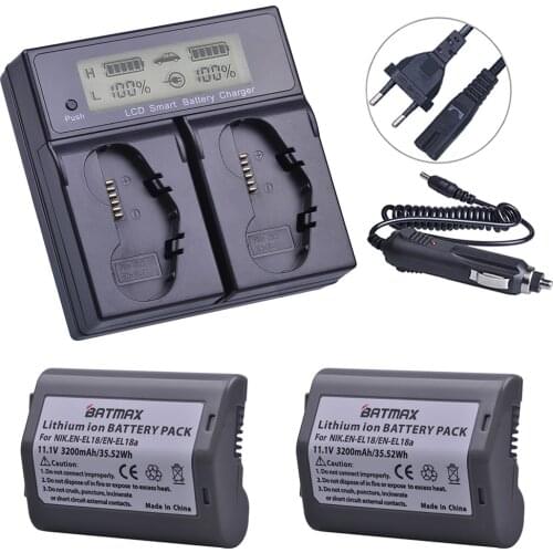 2Pcs 3200mAh EN-EL18, EN-EL18a, EN EL18, ENEL18a Battery + LCD Dual Smart Fast Charger for Nikon D4, D4S, D5 Digital SLR Camera