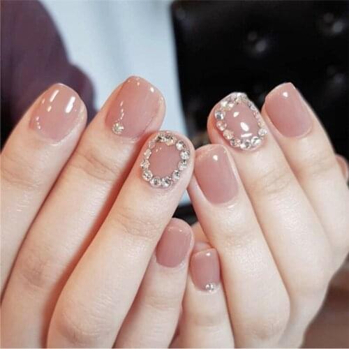 Ins beautiful cream pink pure color with one circle diamond 3d decorated fake nails short bride false nails lady full nail tips