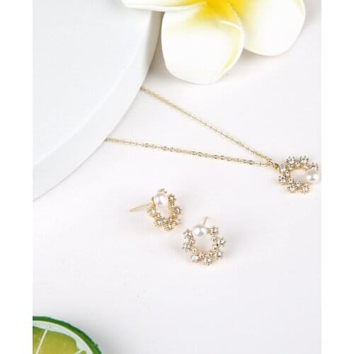 WeSparking EMO Set 14K Gold Plated Copper Cubic Zirconia Shiny Fresh Water Pearl Wreath Combination Design Earrings Necklace