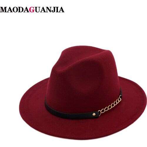 MAODAGUANJIA New Big Brim Hats For Women British Style Vintage Church Hats Lady Flat Brim Fedoras Autumn Winter Womens Felt Hat