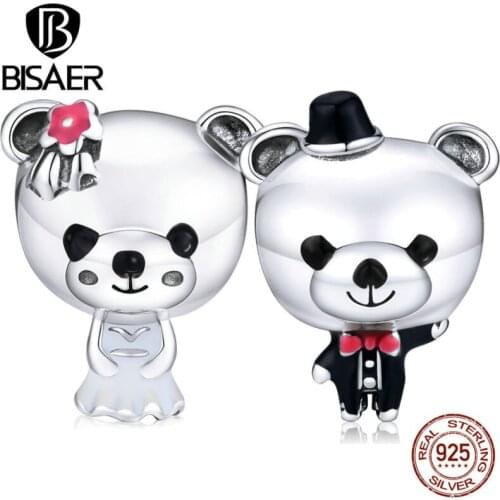 Bear Bride Beads for Jewelry Making BISAER 925 Sterling Silver Couple Wedding Bear Charms Original Silver Jewelry ECC1474