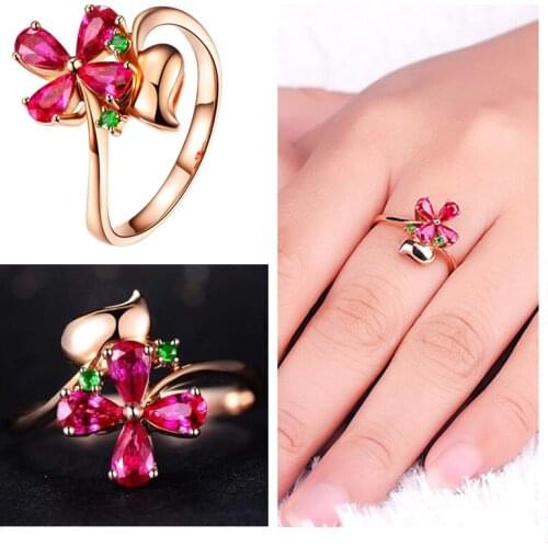 Charms Crystal Leaf Flower Ring For Women Jewelry Trendy Rose Gold Finger Accessories Female Girls 18K Rings Engagement Bijou