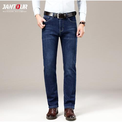 Oversize Size 42 44 46 Brand Men Warm Jeans 2020 New Fashion Appliques Straight Business Pants Male Classic Black Blue Trousers