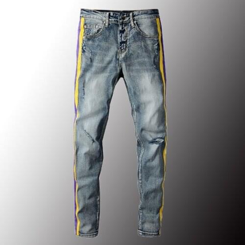 New Mens Colored Stripe Stretch Denim Jeans Streetwear Holes Ripped Pencil Pants Slim Skinny Trousers Blue Plus Size 40