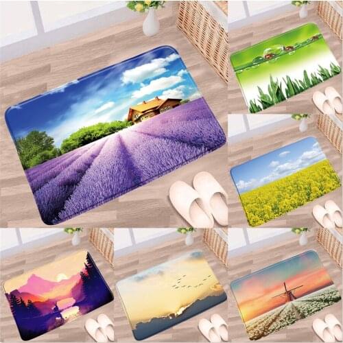 Natural Scenery Bathroom Mat Flowers Plants Green Leaves Mountain Wooden House Rural Lavender Rug Bedroom Kitchen Doorway Carpet