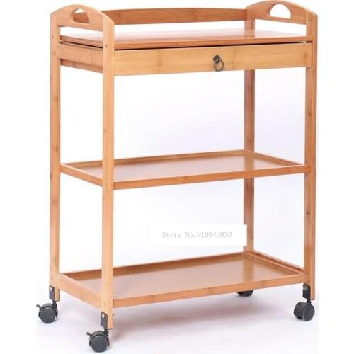New Movable Bamboo Dining Trolley 3/4 Layer Tea Dining Cart Small Living Room Side Cabinet Beauty Salon Trolley Kitchen Shelf