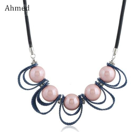 Ahmed New 2018 Statement Necklace Beads for Women Fashion Imitation Pearls Pendant Leather Collar Necklace Jewelry Accessory