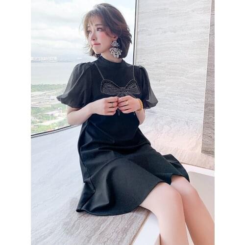 Top Quality Butterfly drill stitched bubble sleeve A-Line New summer Ruffle Dress