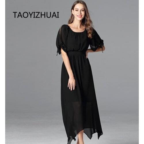 TAOYIZHUAI Summer New Arrival Flare Sleeves High Street Style Fit And Flare Empire Waist Long Black Chiffon Party Dress 11684