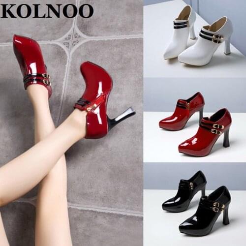 KOLNOO New Arrival Handmade Ladies Chunky Heeled Pumps Patent Leather Double Buckle Straps Three Color Fashion Party Court Shoes