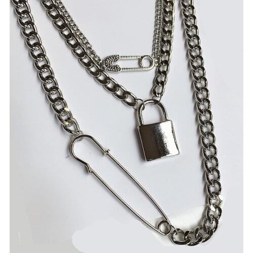 Necklaces Gold Chunky Chain Double Layers Safety Pin Lock Key Necklace Winter Korean Fashion Minimalist Party Hiphop Jewelry