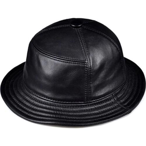 Korean Fashion ACC Unisex Genuine Leather Bucket Hats Men Women Casual Fishing Caps Male Fitted Black Basin Cap Sombrero Mujer