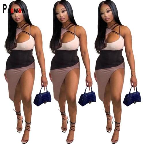 Prowow Sexy Hollow Out Women Dress New Summer Fashion Side Split Party Nightclub Costume Sleeveless Patchwork Female Clothing