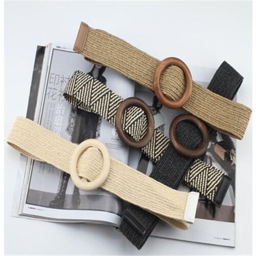 Spring and summer dress decorative belt Wood buckle women fashion simple wild elastic braided belt bohemian Weaving accessories