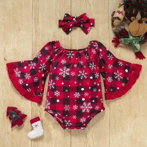 FOCUSNORM 2Pcs Baby Girls Christmas Romper Outfit 0-18M Plaid Snowflake Printing Long Flare Sleeves Jumpsuits+Headband