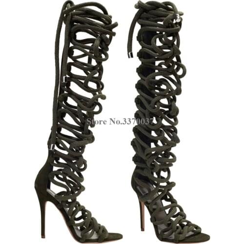 Top Fashion Women Open Toe Rope Cross-tie Knee High Stiletto Heel Gladiator Boots White Army Green Long High Heel Sandal Boots