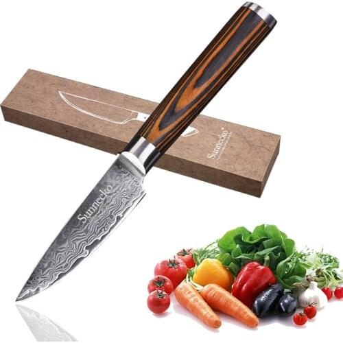 SUNNECKO Premium 3.5" inch Paring knife Damascus Steel Sharp Blade kitchen knives Pakka Wood Handle Peeling Fruit Cutter Knife