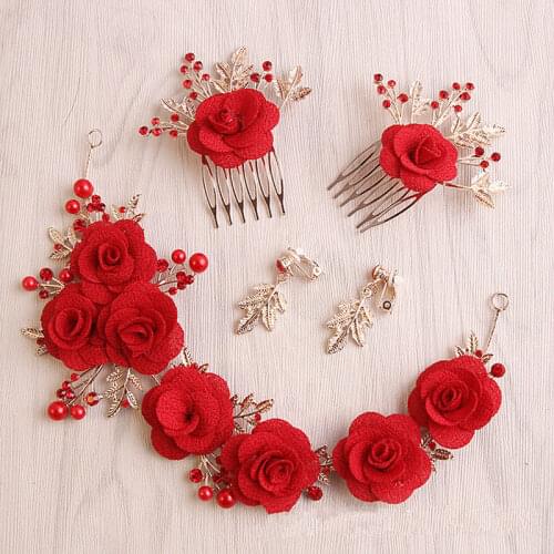 Bridal hair bands headdress head flower jewelry red wedding dress toast clothing bride married hair accessories with jewelry