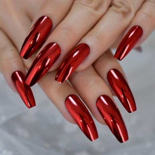 Gorgeous Mirror Fake Nails Sexy Red Metallic Ladies Fingernails Extra Long Ballerina Fashion Nail Art Tips 24