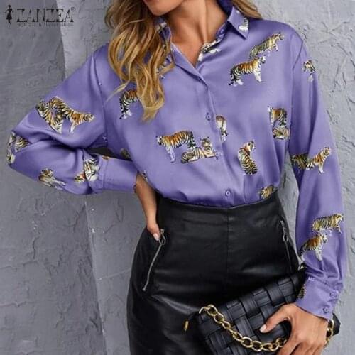 ZANZEA Spring Stain Shirt Women Elegant Buttons OL Shirts Casual Lapel Neck Long Sleeve Tiger Printed Top Blusa Femininas Tunic