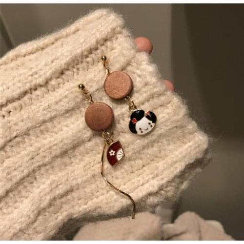 Japanese Fan Asymmetrical Wooden Long Drop Earring Cute And Ethnic Women Earring Jewelry Accessories