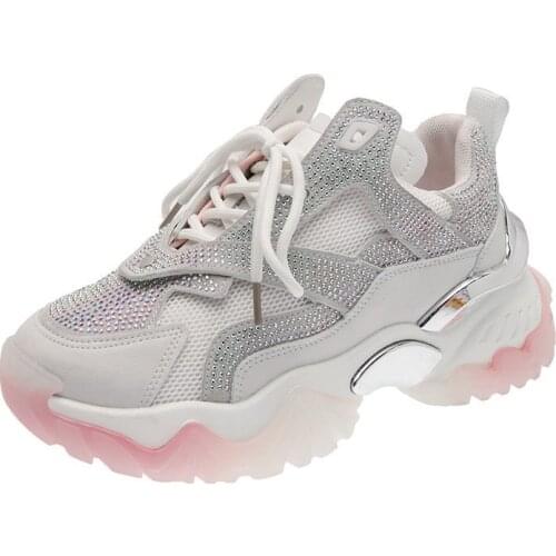Womens Rhinestone Daddy Shoes Spring 2021 New High Quality Fashion Lace-up Platform Sports Casual Shoes