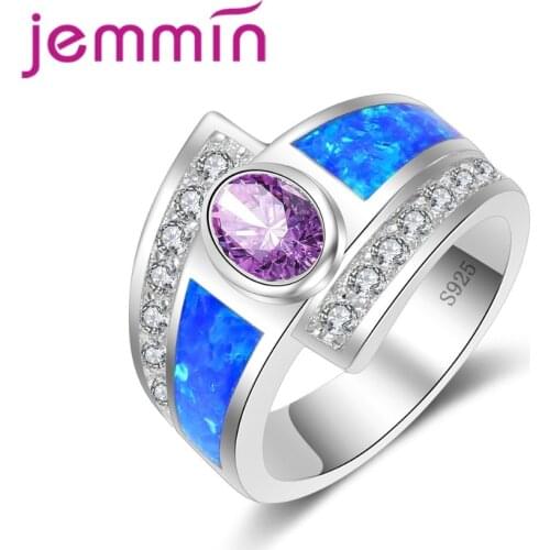 Women Beautiful 925 Sterling Silver Ring Jewellery Purple White Crystal Blue Fire Opal Ring Fashion Mystic Brand Jewelry