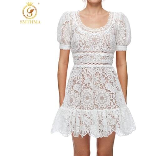 SMTHMA New Arrival Runway Designer Short Sleeve Lace Hollow Out Summer Dress Vintage Elegant Party Dresses Womens New Clothes